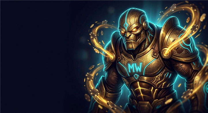 Neon lit casino gaming floor with playing cards and dice